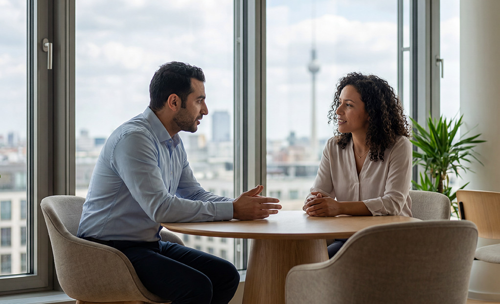 Zwei Personen im interkulturellen Coaching Gespräch