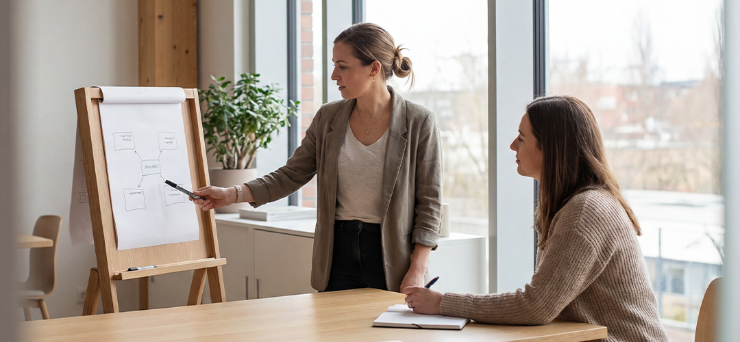 Coach erklärt Karrierestrategie am Flipchart